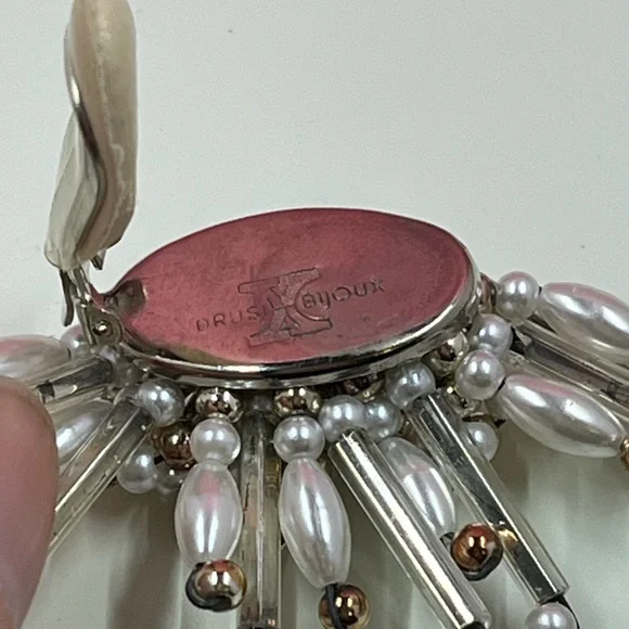 Vintage Designer Beaded Sunburst Clip On Earrings - Picture 6 of 7